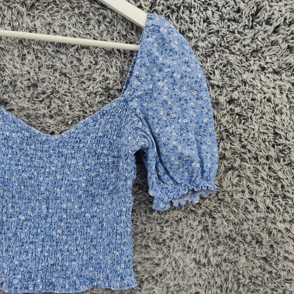 Abercrombie Fitch Womens Cottage Milkmaid Linen Blend Smocked Top M Blue Crop